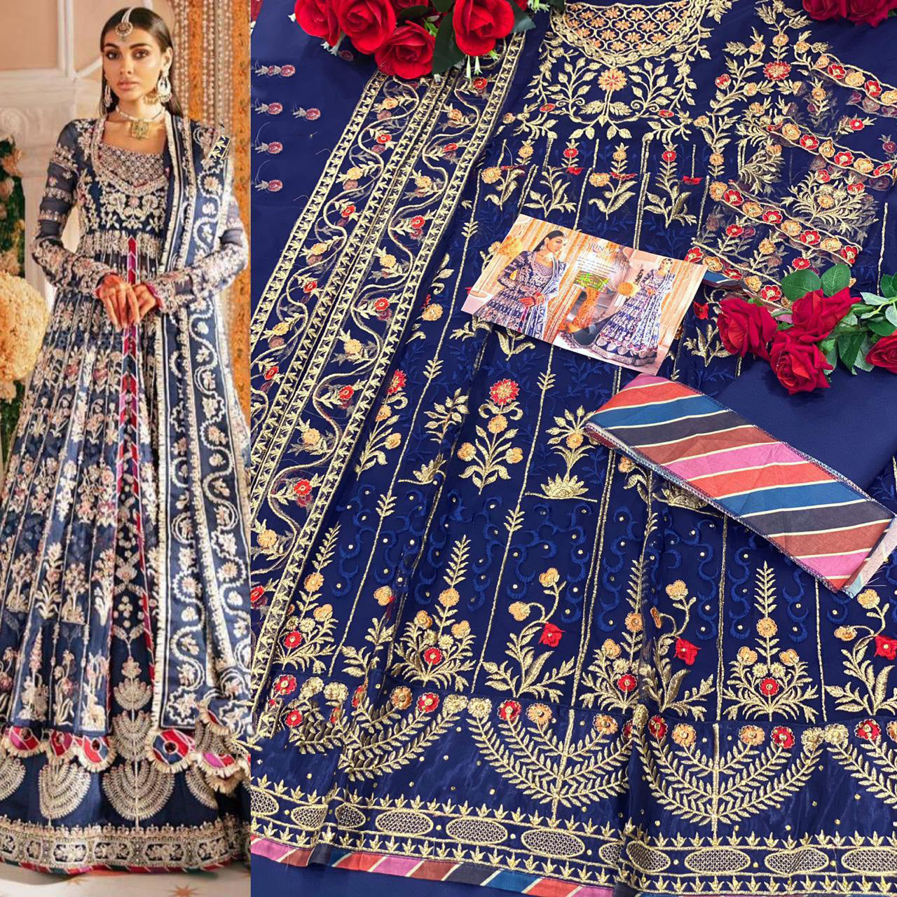 royal blue satin georgette embroidered floor length anarkali suit 11055